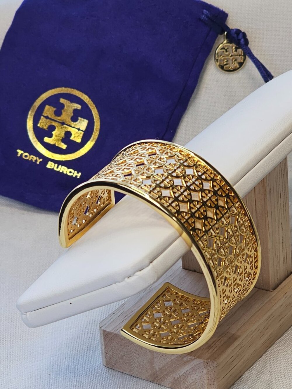 Tory Burch Gold cutout Logo Adjustable cuff bracelet NEW